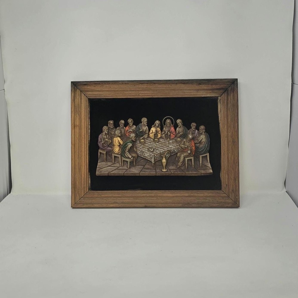 Vintage the last supper 3d mid century framed rustic religious ceramic sculpted
